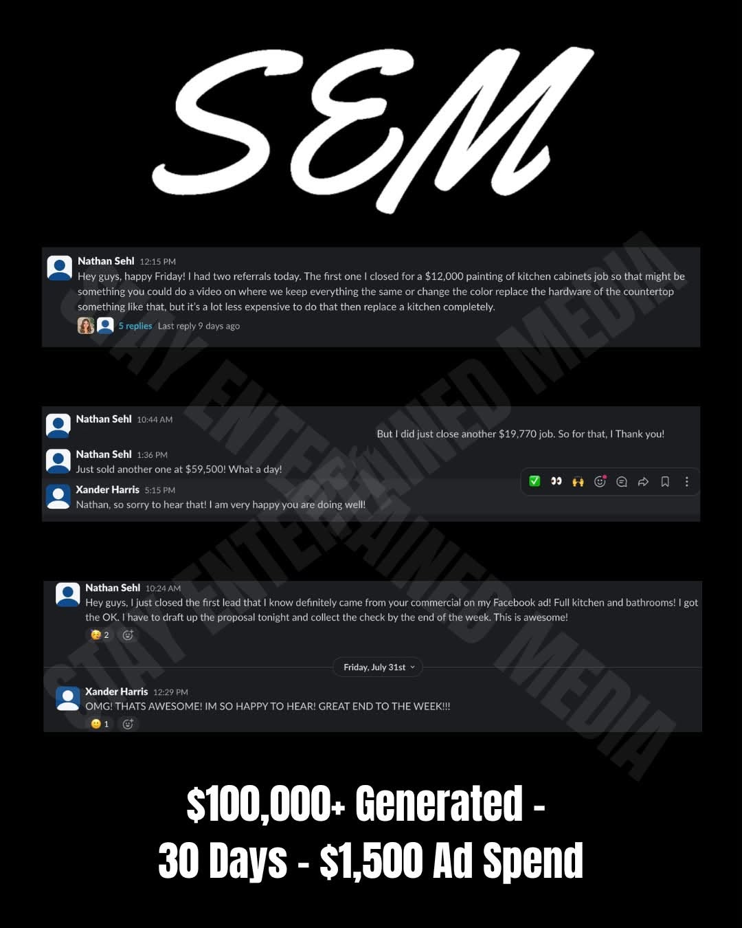 Client messages confirming closed jobs from SEM ads